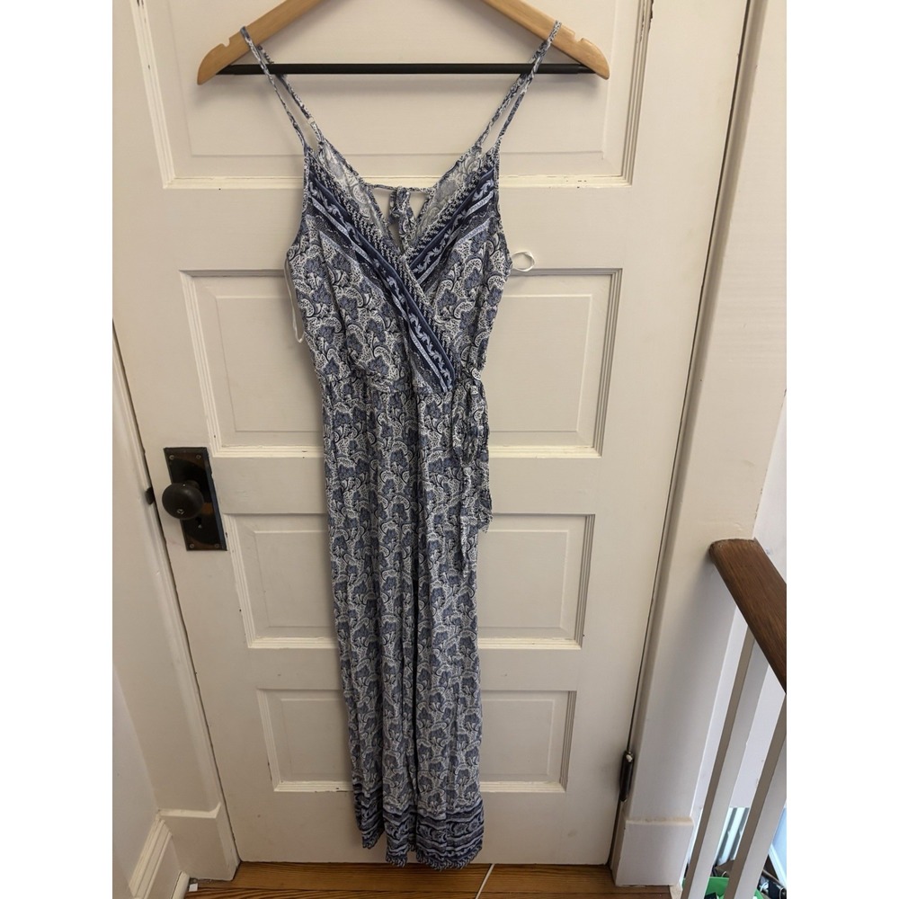 Japna Women's Blue White Floral Sleeveless Romper Adjustable Tie Size Small